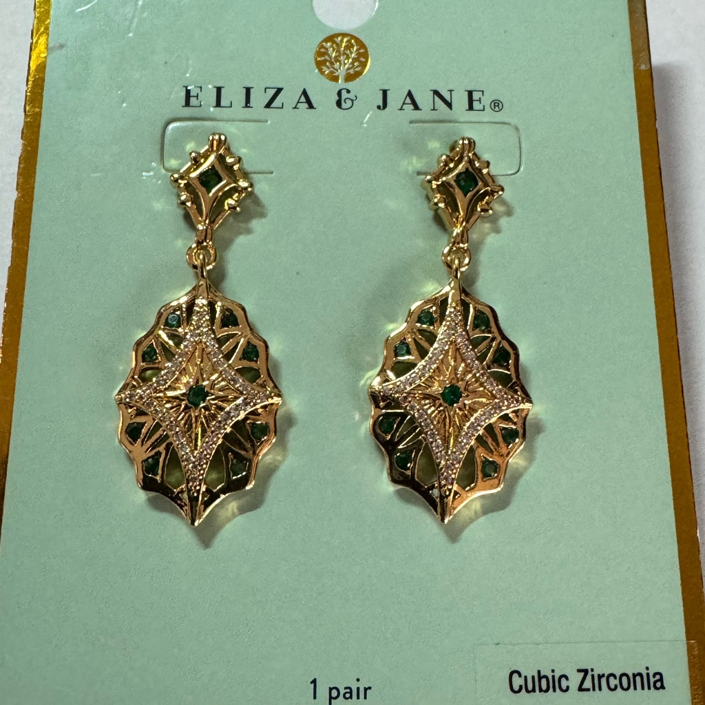 Eliza & Jane Gold Tone Fancy Shape Green Cubic Zirconia Accents Earrings New